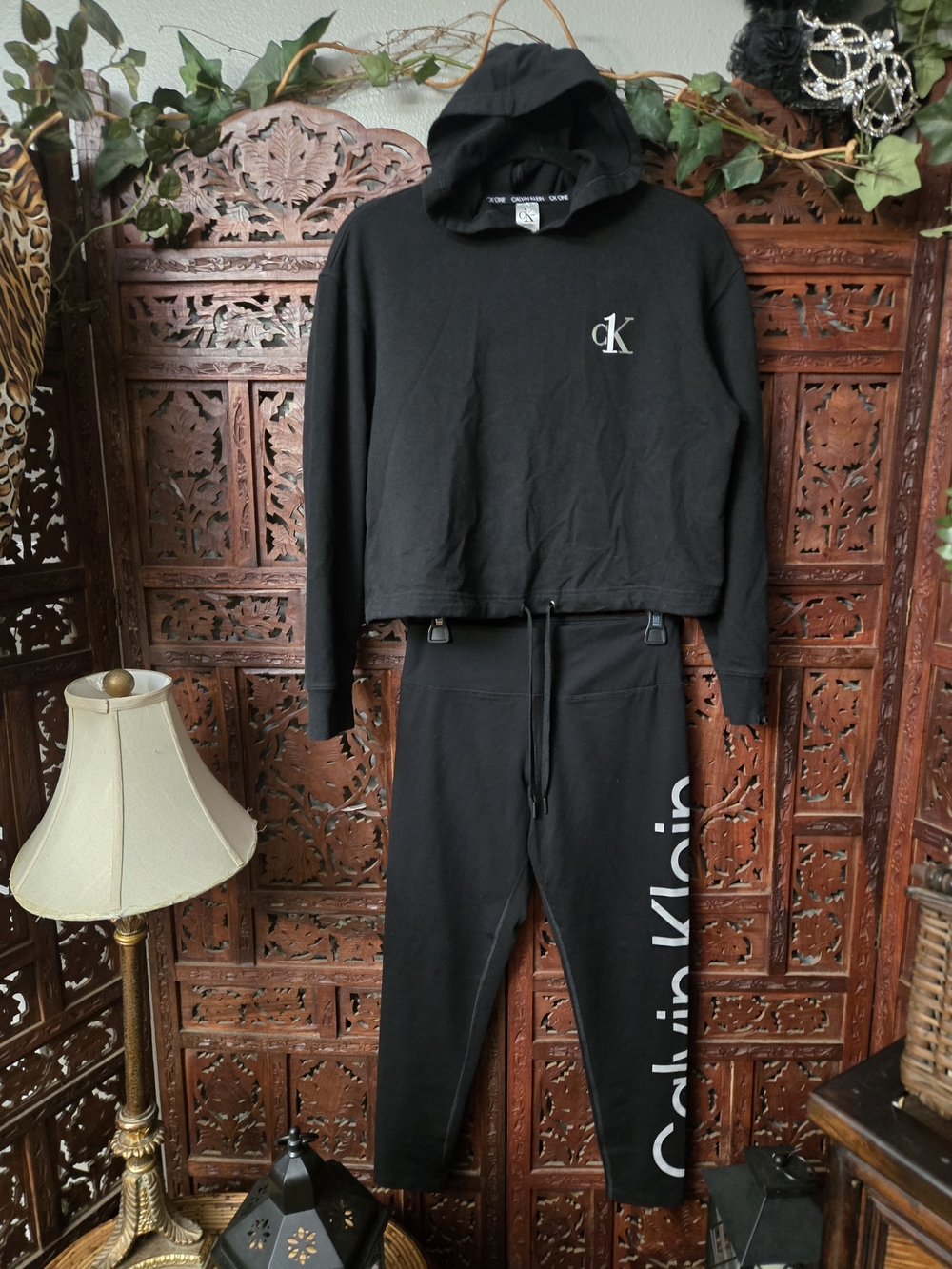 Calvin Klein Black Cropped Hoodie and Logo Joggers Set